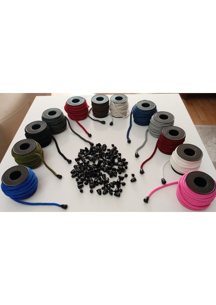 12 Adet Farklı Renkte 10 mt 6mm Eşofman Kapüşon Bağcık Ipi ve 240 Adet Plastik Tıpalı Kapüşon Ucu