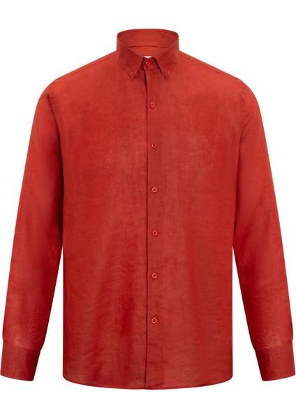 Kiremit Comfort Fit Düğmeli Yaka 100% Keten Uzun Kollu Gömlek fiyatları