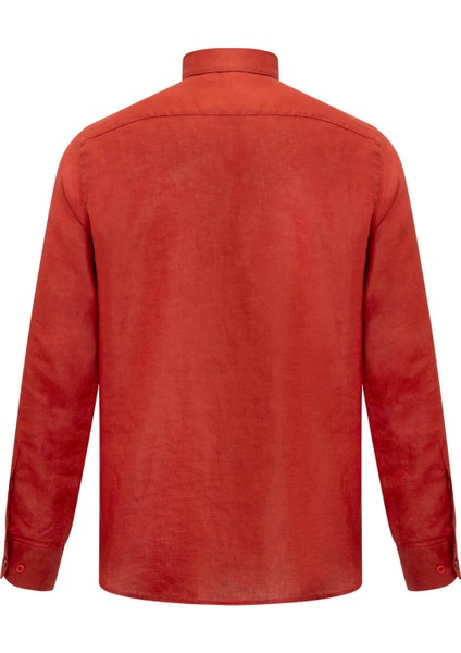 Kiremit Comfort Fit Düğmeli Yaka 100% Keten Uzun Kollu Gömlek modelleri