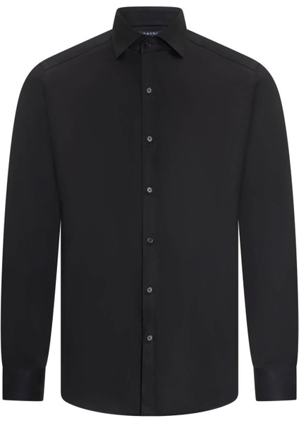 Siyah Slim Fit Açık Italyan Yaka Uzun Kollu Saten Gömlek