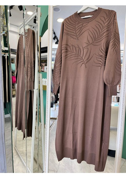 Adn Ince Triko Palmiye Elbise - Kahverengi - 2