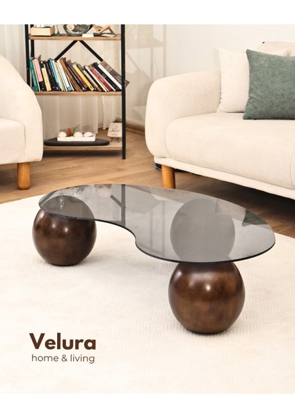 Modern Orta Sehpa & Top Sehpa Cam Sehpa & Küre Orta Sehpa - Koyu Ceviz Top - Fasulye - Füme Cam