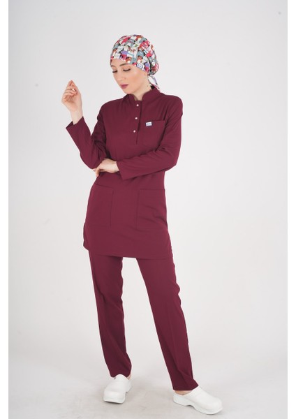 Bordo Renk Sakura Model Tesettür Doktor Hemşire Scrubs Üniforma Takımı