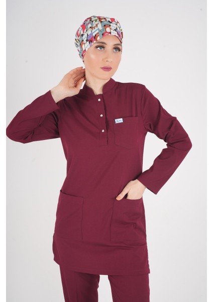 Bordo Renk Sakura Model Tesettür Doktor Hemşire Scrubs Üniforma Takımı fiyatları
