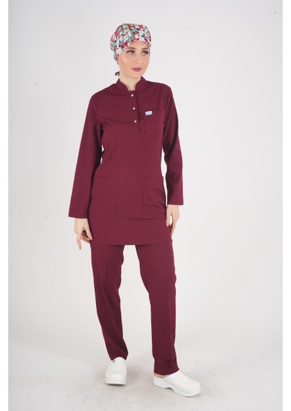 Bordo Renk Sakura Model Tesettür Doktor Hemşire Scrubs Üniforma Takımı modelleri