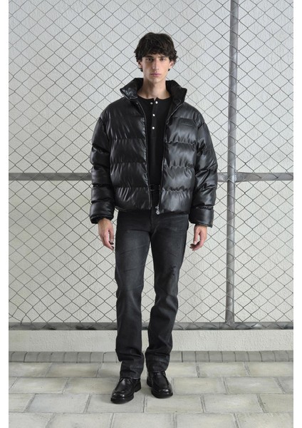 Şişme Deri Siyah Mont