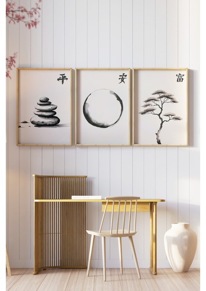 🖼️ Japon Kaligrafi ve Doğa Temalı 3’lü Ahşap Çerçeveli Tablo Seti🖼️ CRV1106 23 x 32 fiyatları