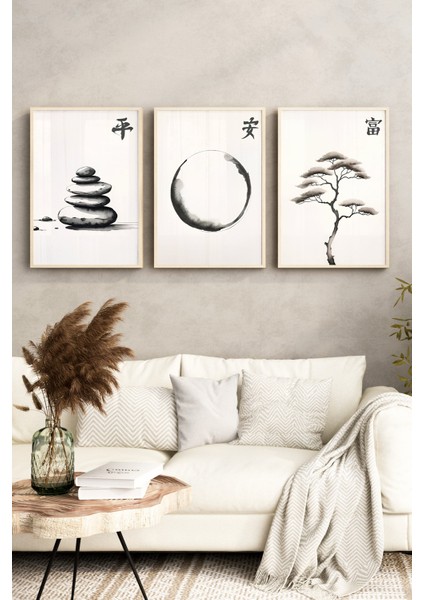 🖼️ Japon Kaligrafi ve Doğa Temalı 3’lü Ahşap Çerçeveli Tablo Seti🖼️ CRV1106 23 x 32 fırsatları