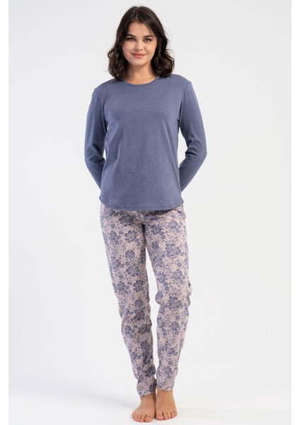 Kadın Büyük Beden Füme Uzun Kollu Bisiklet Yaka Çiçek Desenli Alt Pijama Takım C5T4N3305