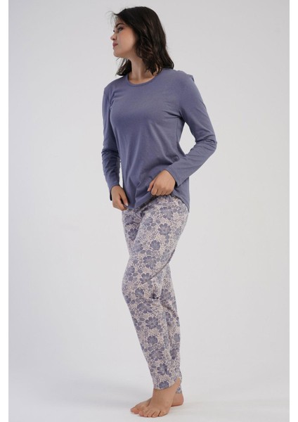 Kadın Büyük Beden Füme Uzun Kollu Bisiklet Yaka Çiçek Desenli Alt Pijama Takım C5T4N3305 fiyatları