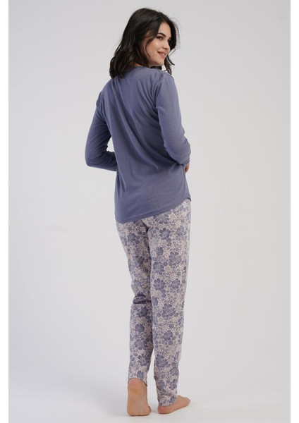 Kadın Büyük Beden Füme Uzun Kollu Bisiklet Yaka Çiçek Desenli Alt Pijama Takım C5T4N3305 modelleri