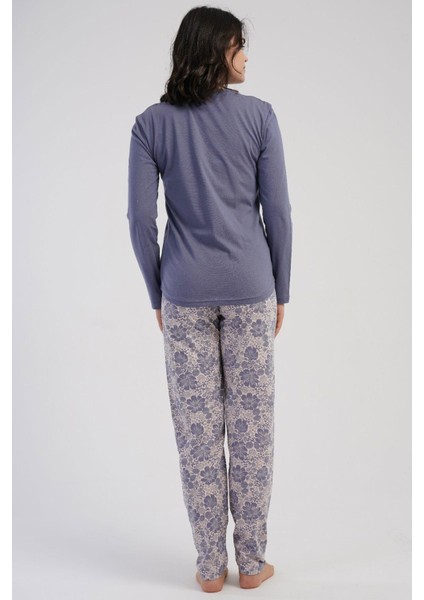 Kadın Büyük Beden Füme Uzun Kollu Bisiklet Yaka Çiçek Desenli Alt Pijama Takım C5T4N3305 fırsatları