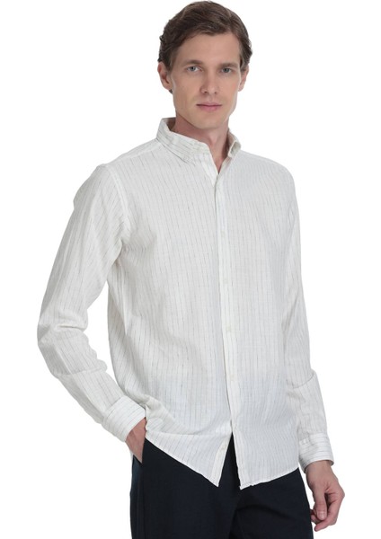 Lacivert Comfort Fit Çizgili Düğmeli Yaka Pamuk-Keten Uzun Kollu Gömlek