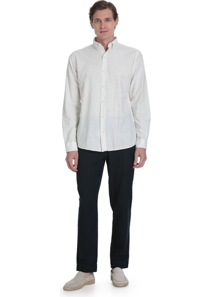 Lacivert Comfort Fit Çizgili Düğmeli Yaka Pamuk-Keten Uzun Kollu Gömlek fiyatları