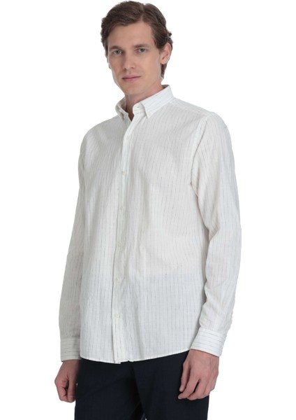 Lacivert Comfort Fit Çizgili Düğmeli Yaka Pamuk-Keten Uzun Kollu Gömlek modelleri