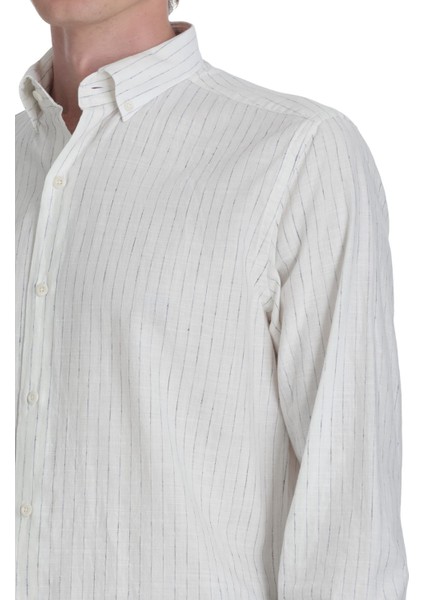 Lacivert Comfort Fit Çizgili Düğmeli Yaka Pamuk-Keten Uzun Kollu Gömlek indirimleri