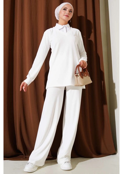 Gömlek Yaka Fitilli Salaş Ikili Takım Beyaz T4300