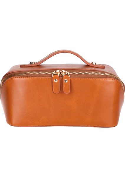 Vena Hakiki Deri Açık Kahverengi Makyaj Çantası