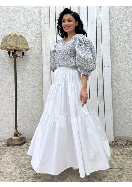 Beyaz Poplin Kat Kat Etek