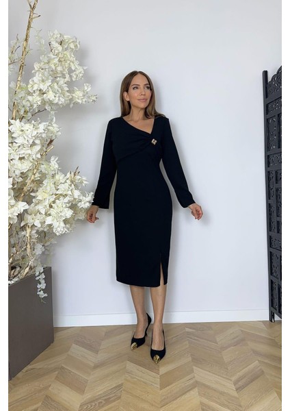 G1596 Yaka Detaylı Kalem Elbise Siyah