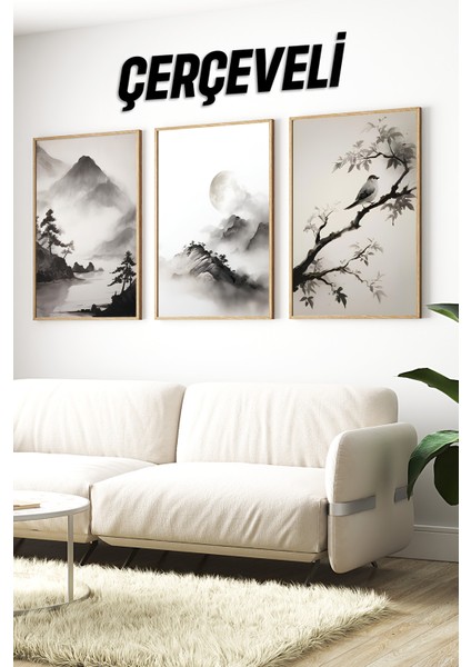 🌿 Dağ Manzaralı Çin Mürekkep Stili 3’lü Çerçeveli Tablo Seti🌿 CRV1105 23 x 32