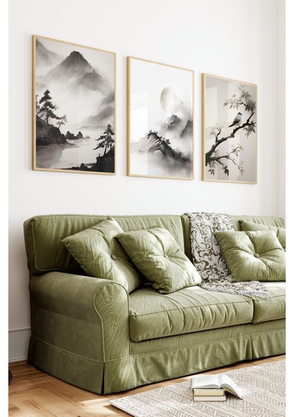 🌿 Dağ Manzaralı Çin Mürekkep Stili 3’lü Çerçeveli Tablo Seti🌿 CRV1105 23 x 32 fiyatları