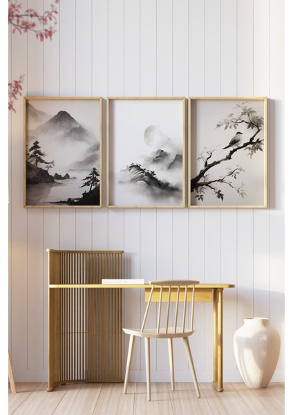 🌿 Dağ Manzaralı Çin Mürekkep Stili 3’lü Çerçeveli Tablo Seti🌿 CRV1105 23 x 32 modelleri
