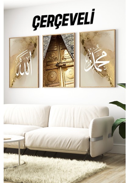 🕋 Altın Kâbe Kapısı ve Hat Sanatı Temalı 3'lü Mdf Çerçeveli Tablo Seti🕋 CRV1101 23 x 32