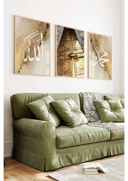 🕋 Altın Kâbe Kapısı ve Hat Sanatı Temalı 3'lü Mdf Çerçeveli Tablo Seti🕋 CRV1101 23 x 32 fiyatları