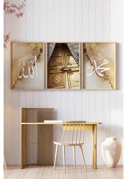 🕋 Altın Kâbe Kapısı ve Hat Sanatı Temalı 3'lü Mdf Çerçeveli Tablo Seti🕋 CRV1101 23 x 32 modelleri