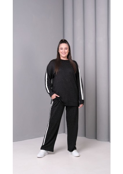 Kadın Kristal Kumaş Boru Paça Eşofman Takımı Taş ve Şerit Detaylı