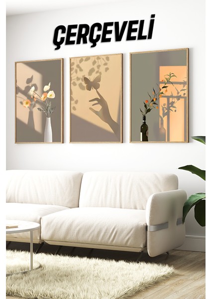 🌿 Gölge Efektli Modern Çiçek ve Kelebek Temalı 3'lü Tablo Seti🌿 CRV1100 23 x 32