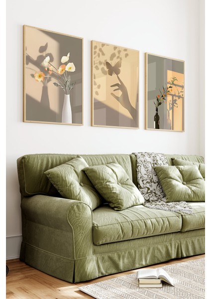 🌿 Gölge Efektli Modern Çiçek ve Kelebek Temalı 3'lü Tablo Seti🌿 CRV1100 23 x 32 fiyatları