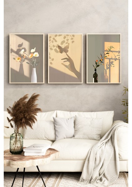 🌿 Gölge Efektli Modern Çiçek ve Kelebek Temalı 3'lü Tablo Seti🌿 CRV1100 23 x 32 indirimleri