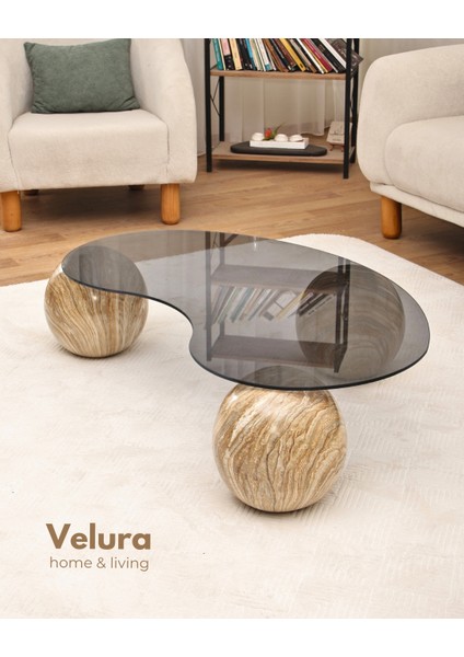 Modern Orta Sehpa & Top Sehpa Cam Sehpa & Küre Orta Sehpa - Traverten Mermer Top - Fasulye - Füme Cam