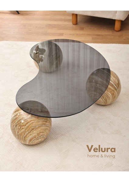 Modern Orta Sehpa & Top Sehpa Cam Sehpa & Küre Orta Sehpa - Traverten Mermer Top - Fasulye - Füme Cam fiyatları