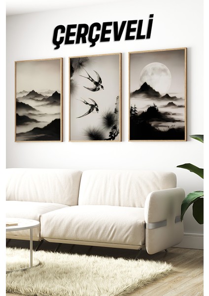 🌄 Doğanın Sessiz Dili: Çerçeveli Siyah-Beyaz Japon Minimalist Stil 3’lü Tablo Seti🌄 CRV1108 23 x 32