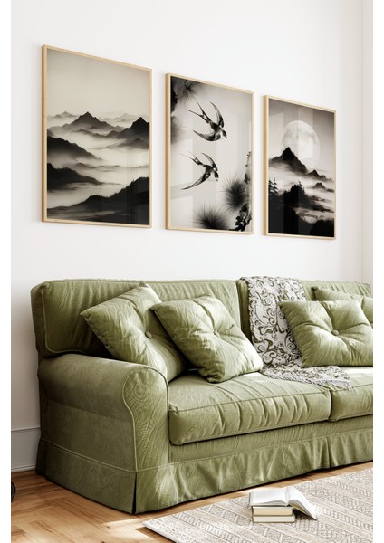 🌄 Doğanın Sessiz Dili: Çerçeveli Siyah-Beyaz Japon Minimalist Stil 3’lü Tablo Seti🌄 CRV1108 23 x 32 fiyatları