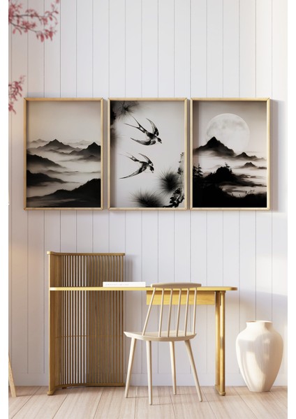 🌄 Doğanın Sessiz Dili: Çerçeveli Siyah-Beyaz Japon Minimalist Stil 3’lü Tablo Seti🌄 CRV1108 23 x 32 modelleri