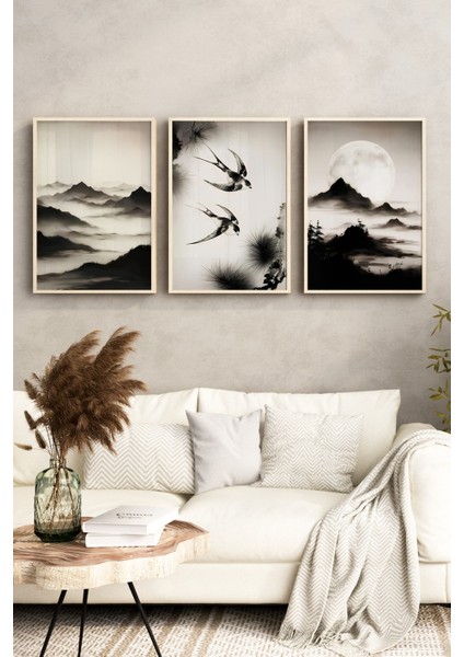 🌄 Doğanın Sessiz Dili: Çerçeveli Siyah-Beyaz Japon Minimalist Stil 3’lü Tablo Seti🌄 CRV1108 23 x 32 indirimleri