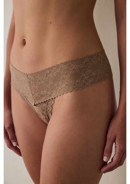 Açık Kahverengi Dantelli Normal Bel Tanga Külot