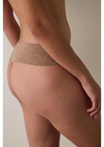 Açık Kahverengi Dantelli Normal Bel Tanga Külot fiyatları