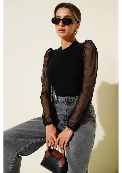 Dik Yaka Tül Kollu Bluz Siyah T3066
