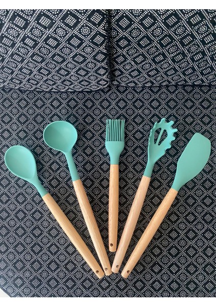 Bambu Saplı Silikon Kepçe Kaşık Seti 5'li