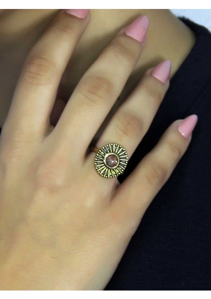 Doğal Taş Güneş Yuvarlak Doğal Taşlı Antik Model Kadın Ayarlanabillir Yüzük EUY70GNS