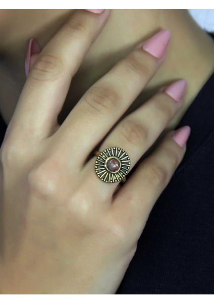 Doğal Taş Güneş Yuvarlak Doğal Taşlı Antik Model Kadın Ayarlanabillir Yüzük EUY70GNS fiyatları