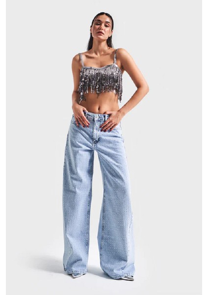 Kadın Mavi Renk Önü Full Parlak Taşlı Palazzo Fit Denim modelleri