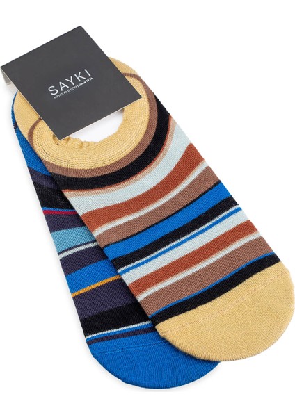 Bej - Lacivert 2'li Çizgili Babet Çorap