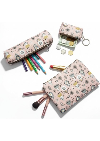 Atakids Lizy 3 Lü Çanta Seti Makyaj Çantası, Bozuk Para Cüzdanı ve Kalemlik