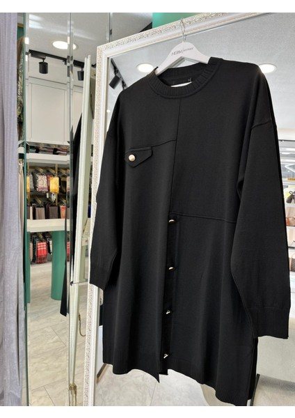 Adn Ince Triko Tunik Düğme Detaylı - Siyah - 2